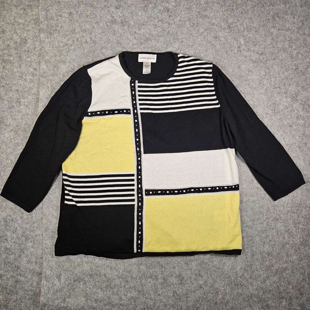 Alfred Dunner Womens Black Yellow White Colorblock Embellished Sweater Size XL